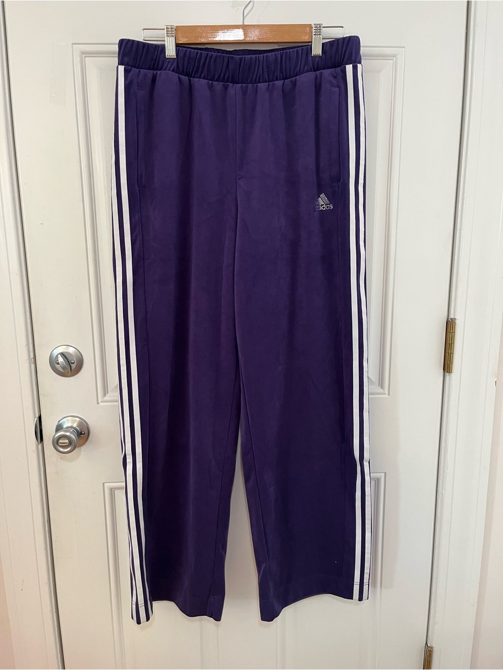 Adidas Women’s Purple Velour Joggers with White Side Stripes